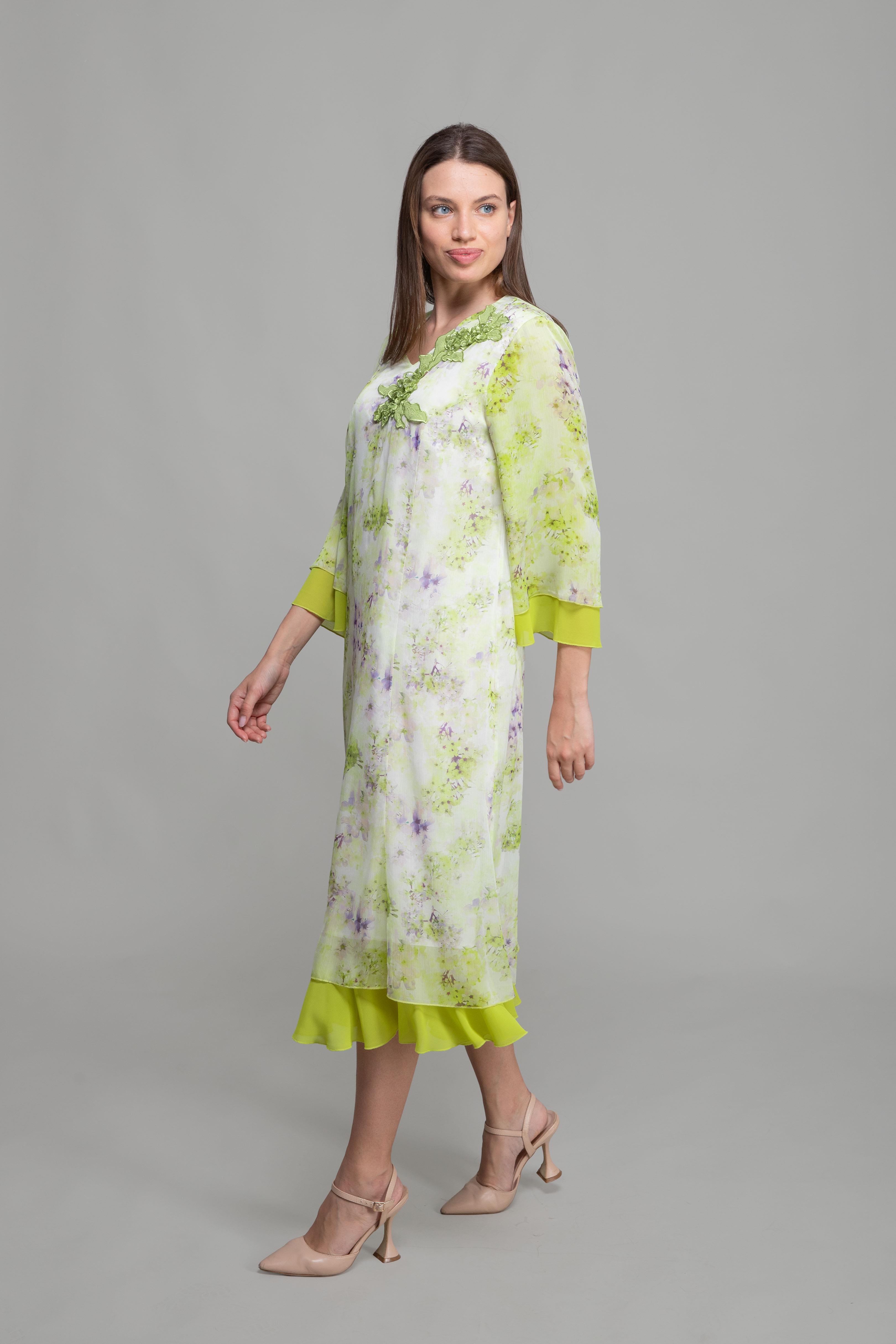 V Yaka Silk Line Elegant Elbise - Çok Renkli