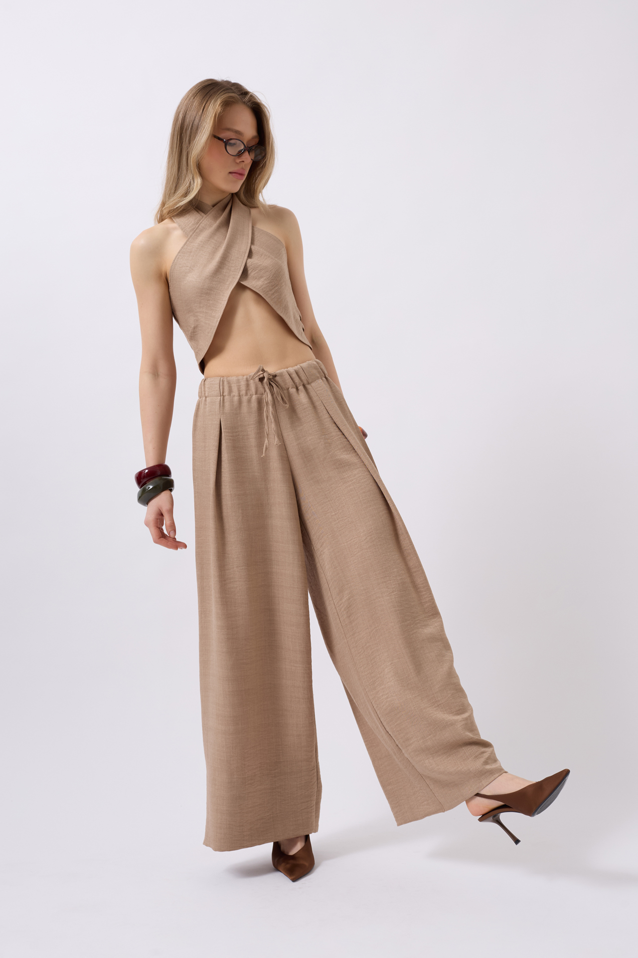 Düşük Bel Oversize Keten Pantolon - Vizon