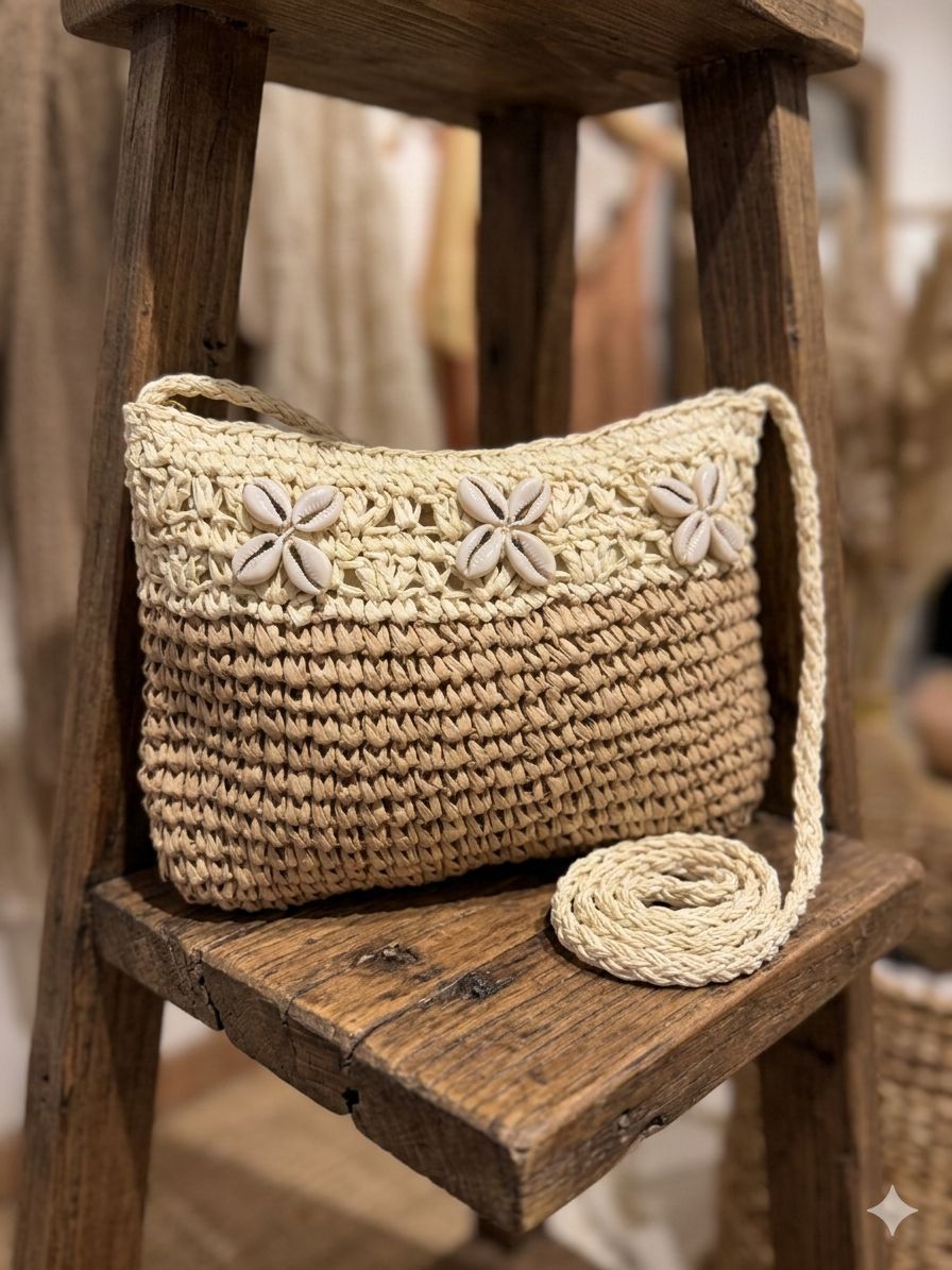 Denizkabuğu Detaylı El Örgüsü Hasır Çanta 28x21 Cm - Camel