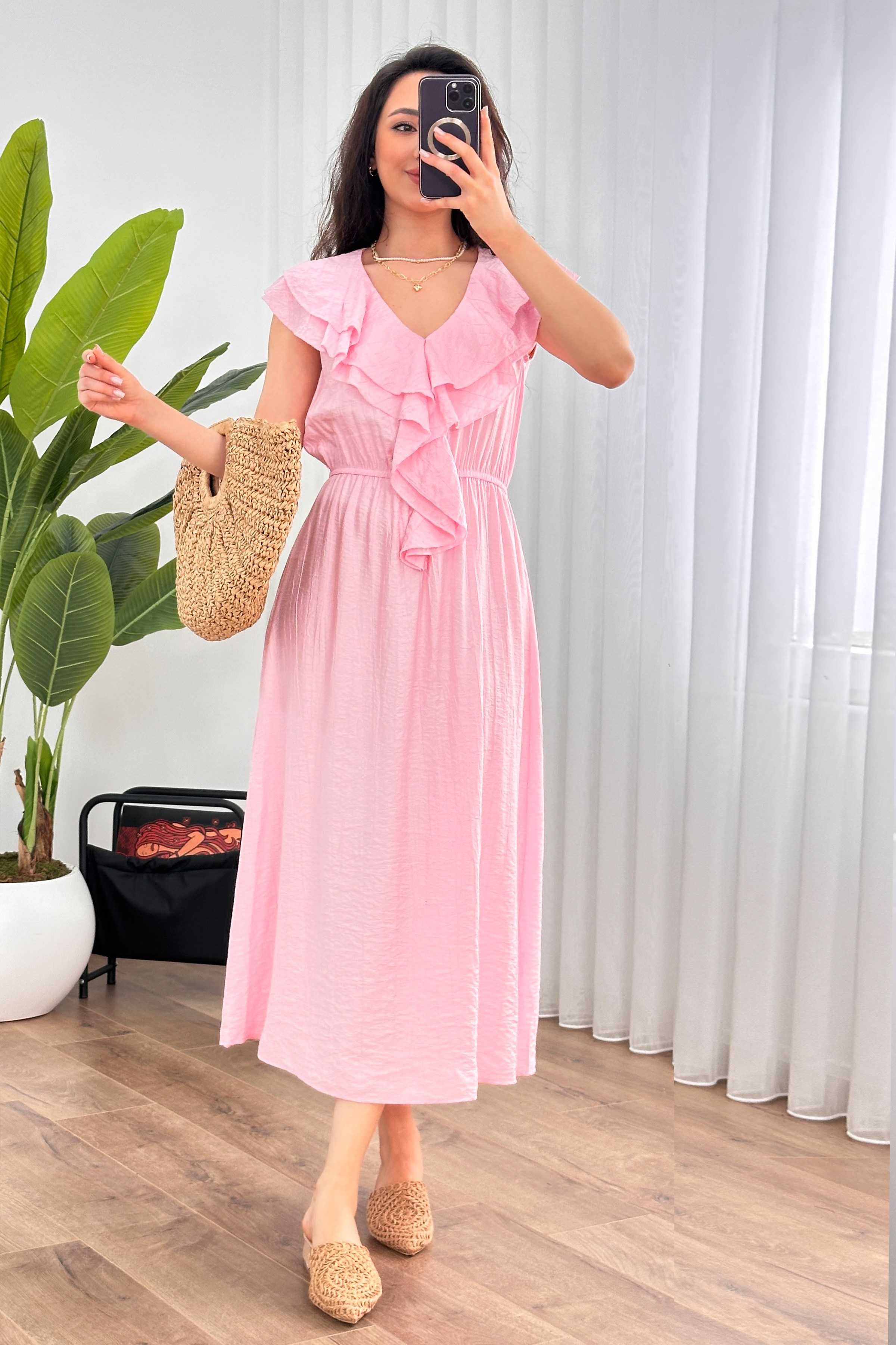 Pembe Fit & Flare Elbise İle Japone Kollu