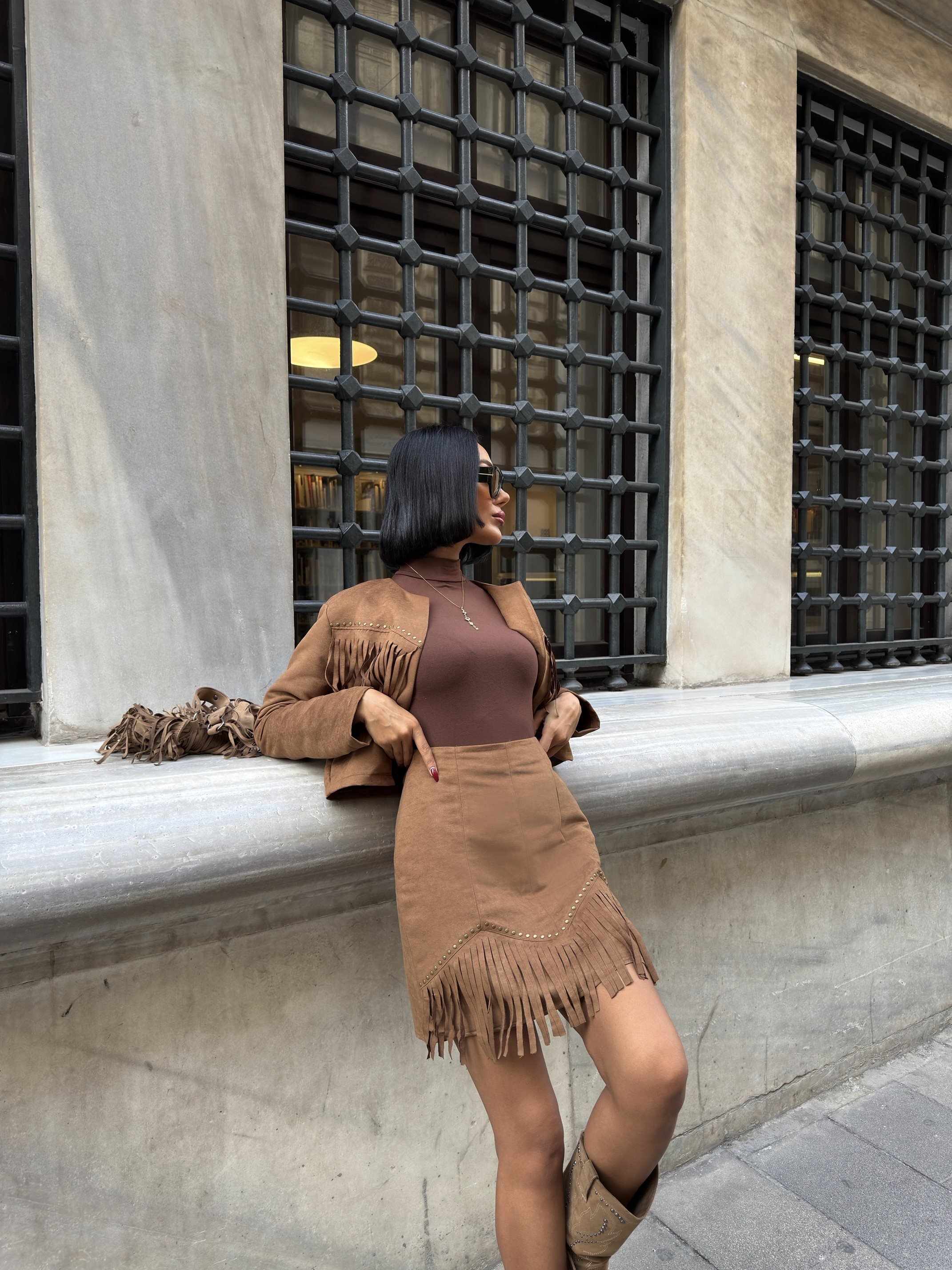 Kahverengi Yüksek Bel Bodycon Mini Etek