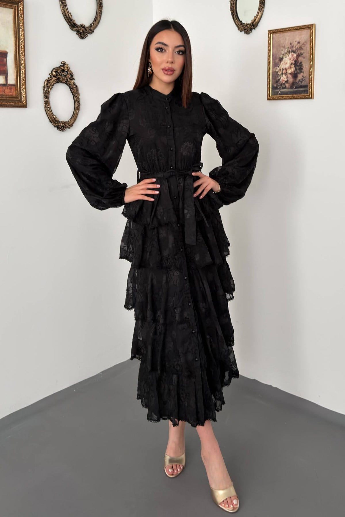 Zarif Siyah Fit And Flare Maksi Elbise