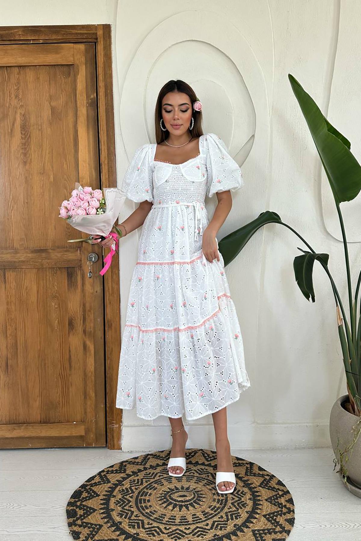 Beyaz Fit & Flare Elbise  Karpuz Yarım Kol