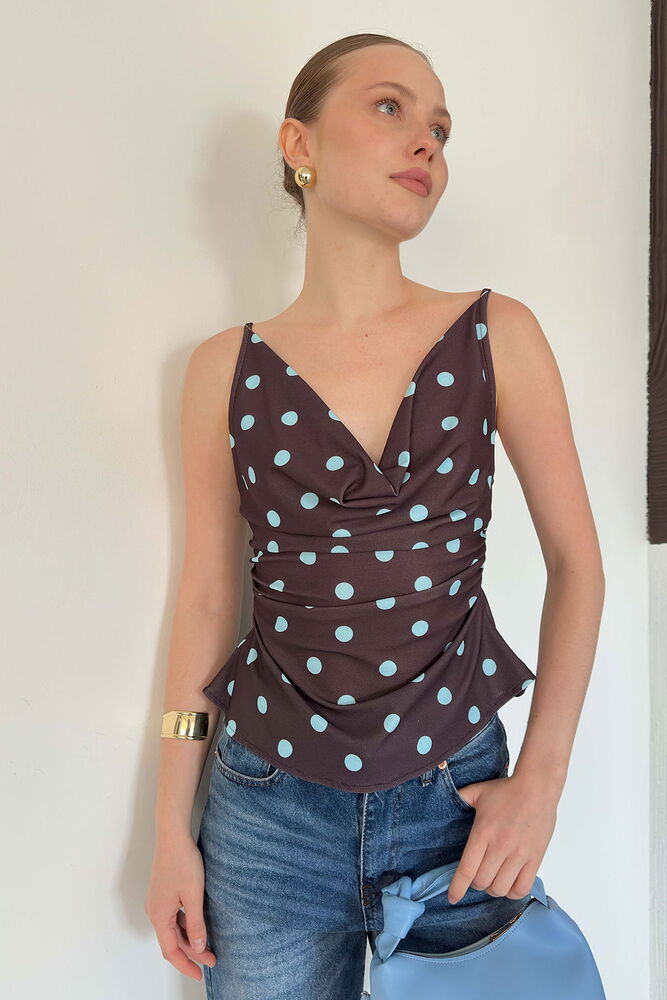 Kahverengi Puantiye Retro Bluz