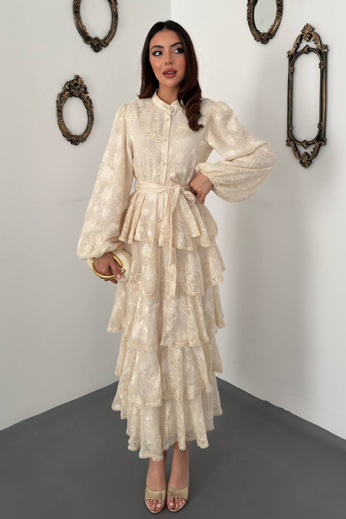 Bej Tesettür Zarif Fit & Flare Elbise