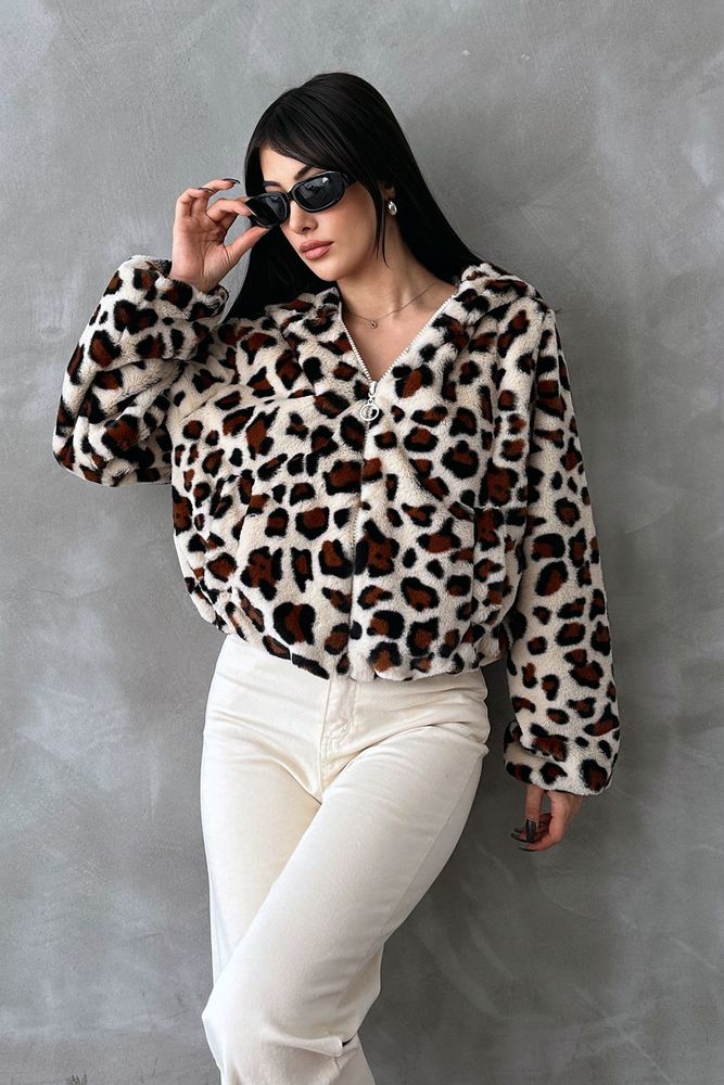 Leopar Baskılı Peluş Mont - Taş & Kahve