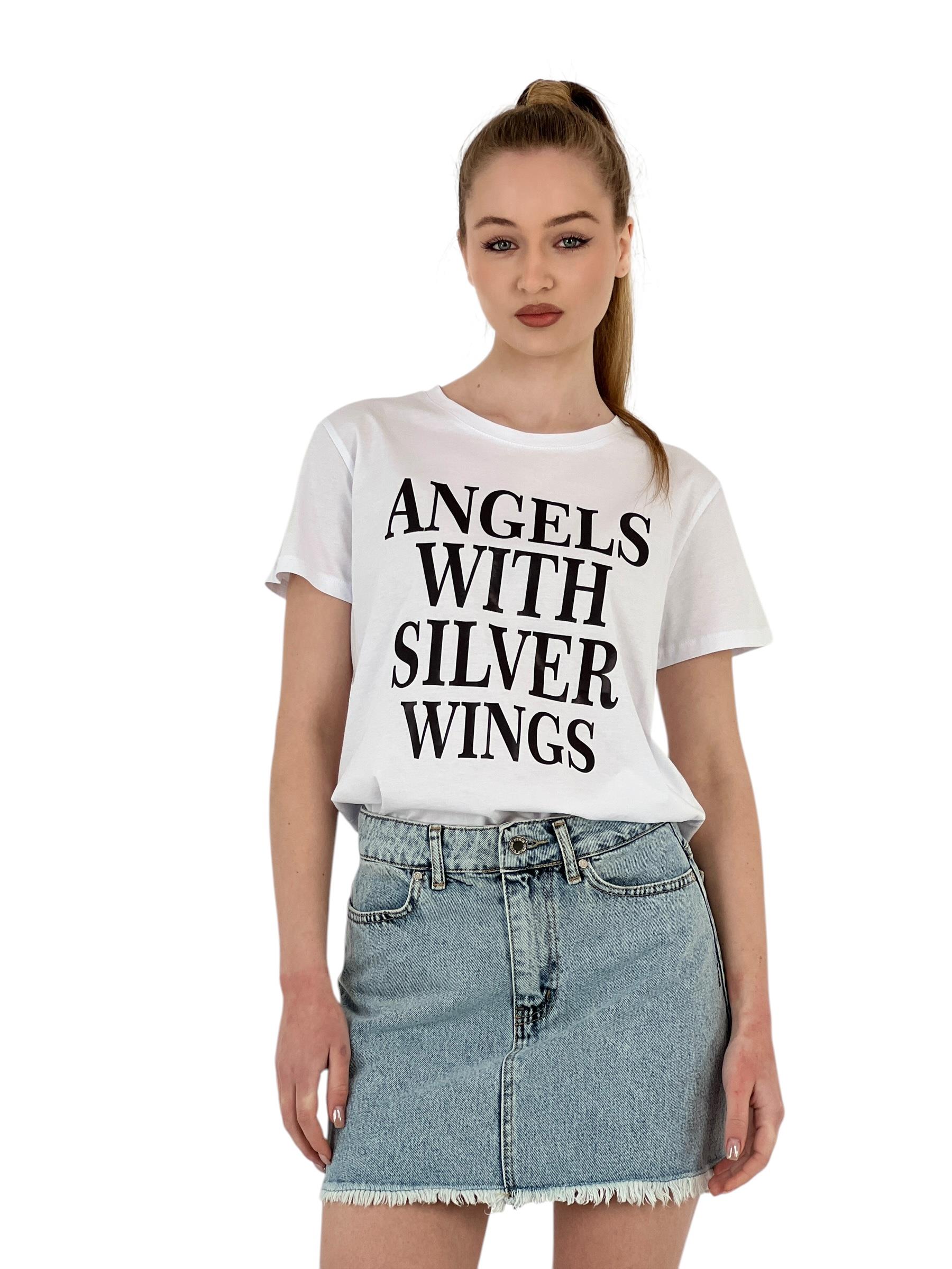 With Silver Wings Baskılı Siyah T-shirt