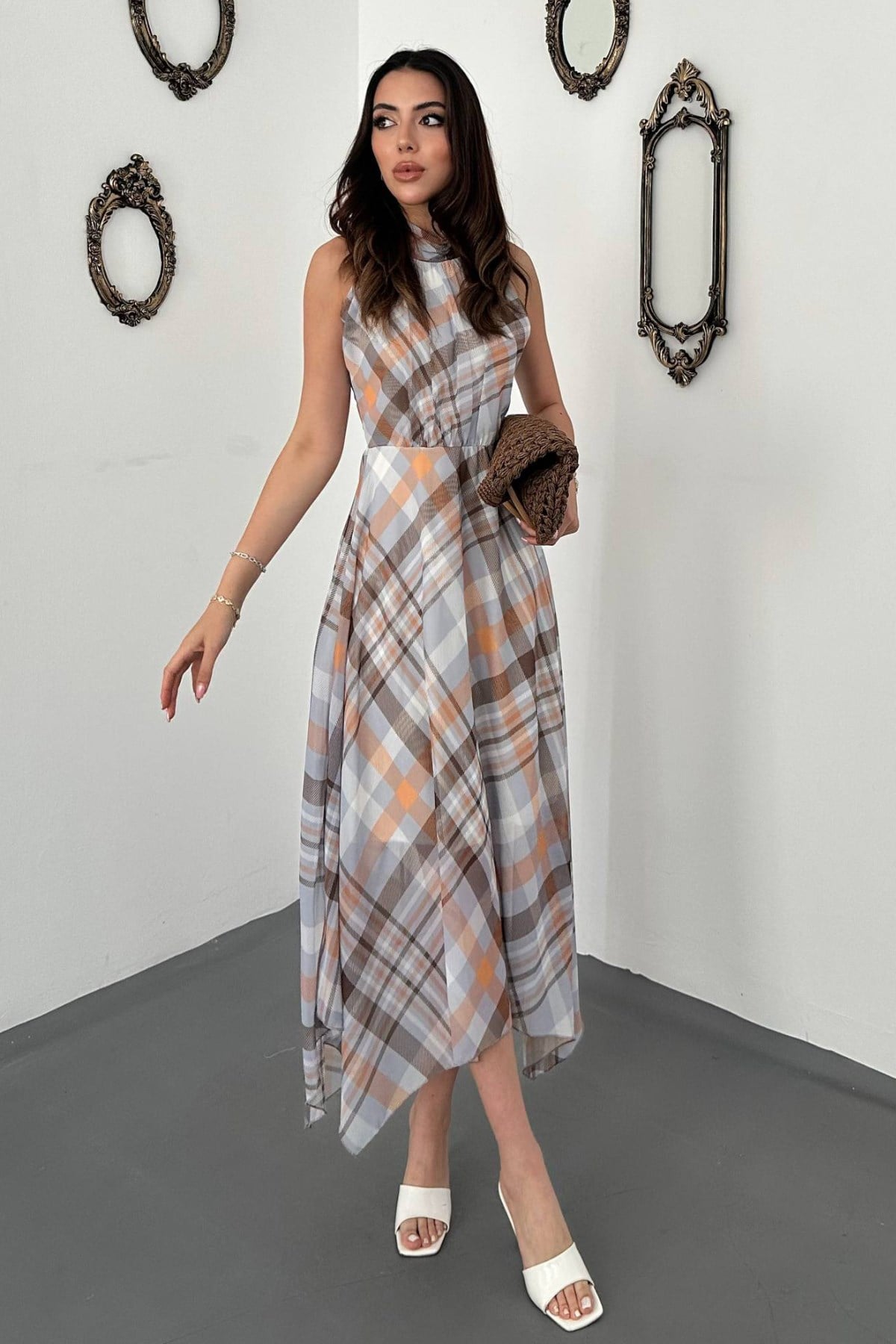 Kahverengi Damalı Fit & Flare Elbise