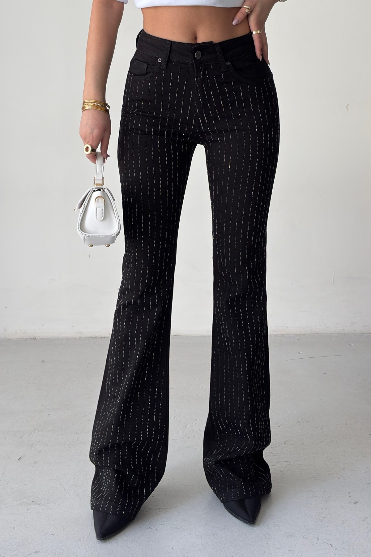 Siyah Çizgili Bootcut Pantolon İspanyol Paça