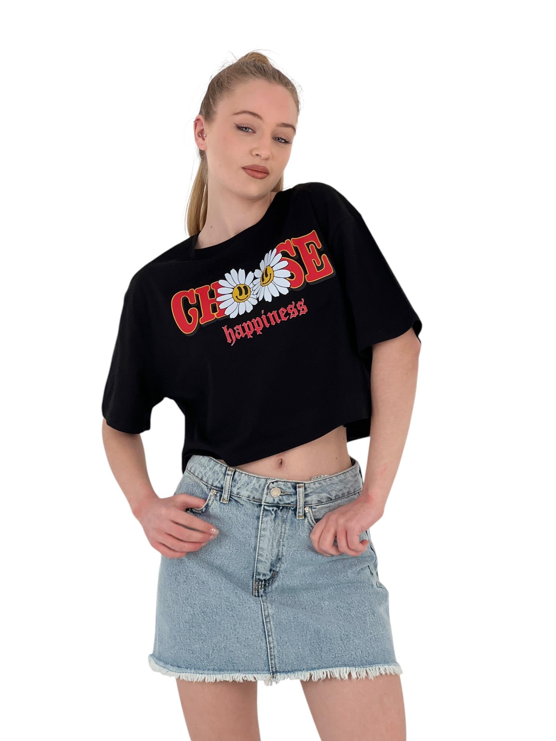 Oversize Çiçek Baskı Kısa Beyaz Crop Tişört