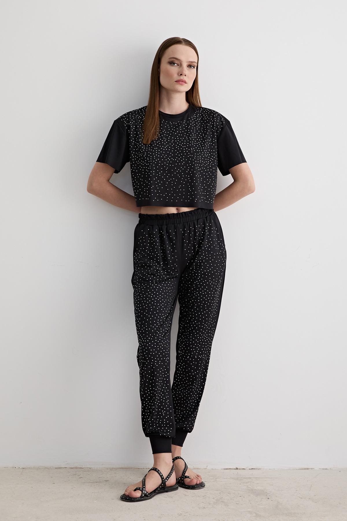 Taş Detaylı Kısa Kollu Oversize T-shirt Siyah