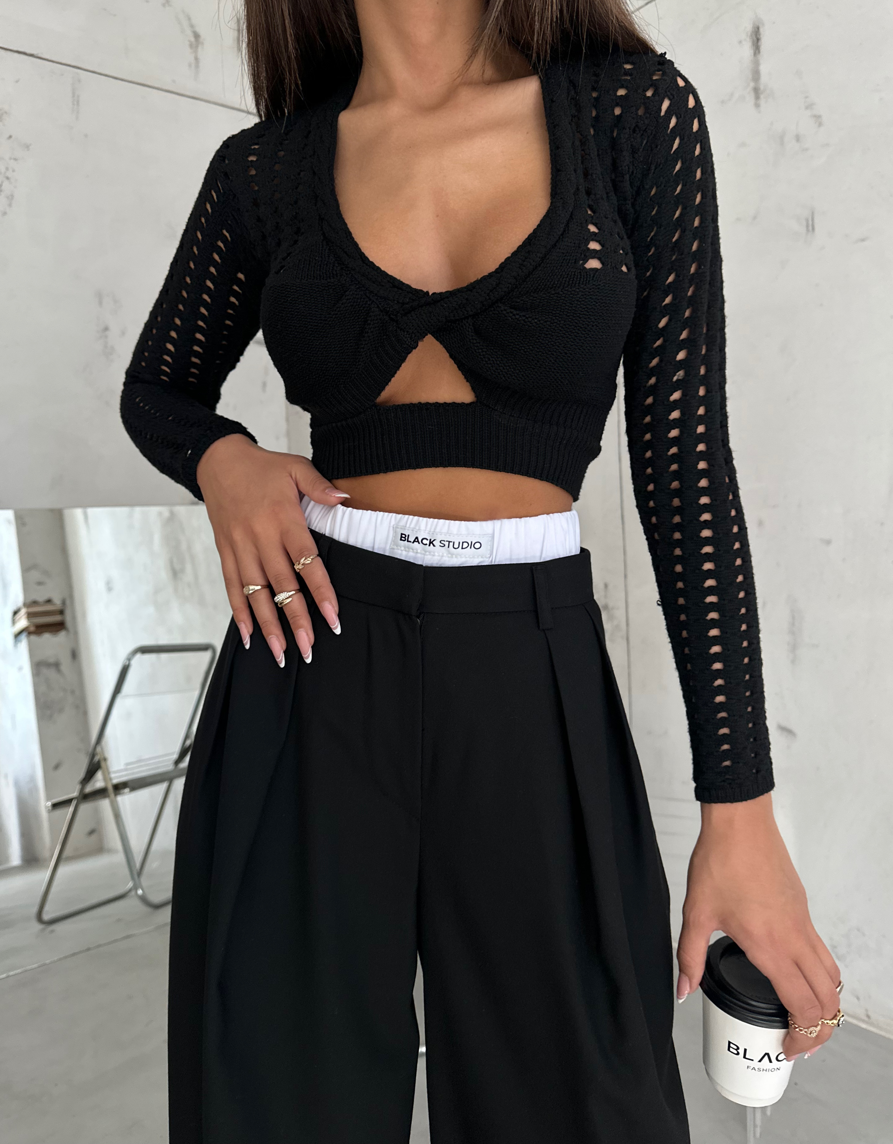 Ajurlu Crop Triko Bluz - Siyah