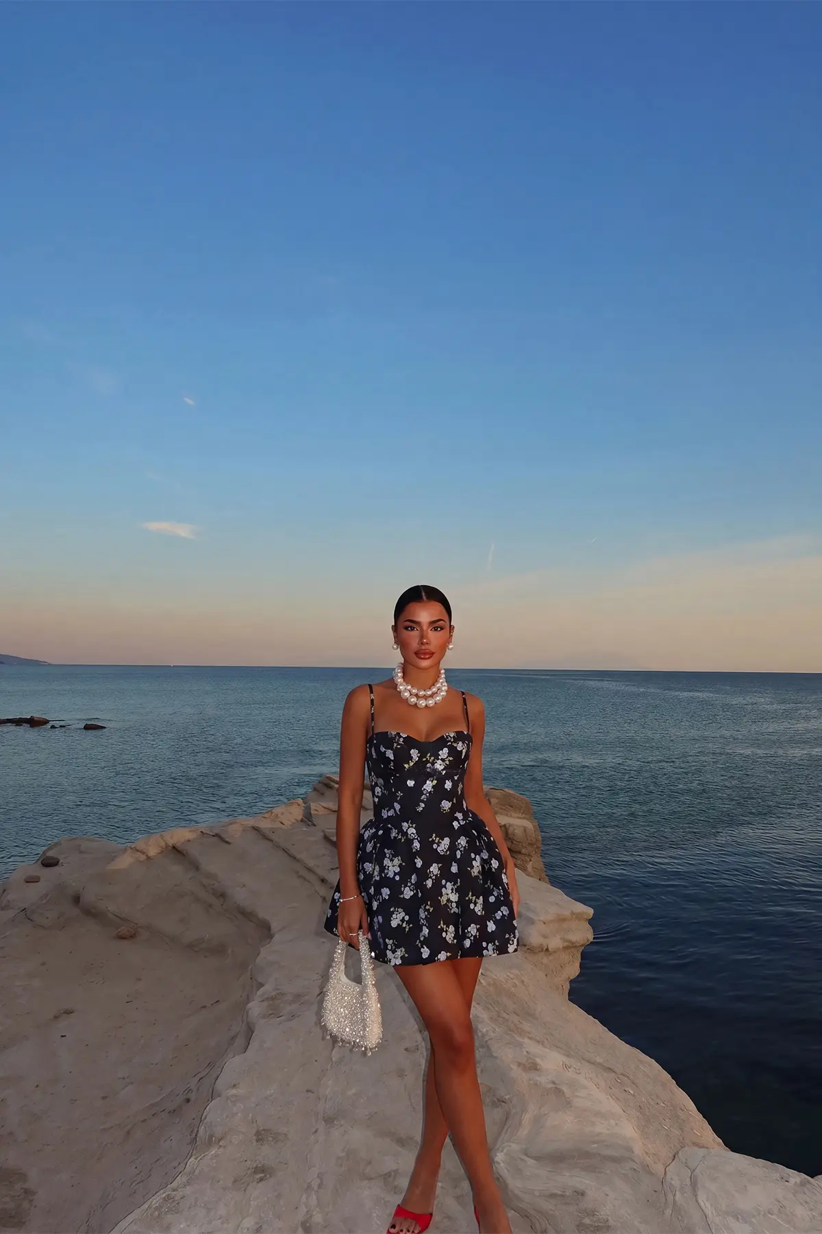 Siyah Fit And Flare Çiçekli Mini Elbise
