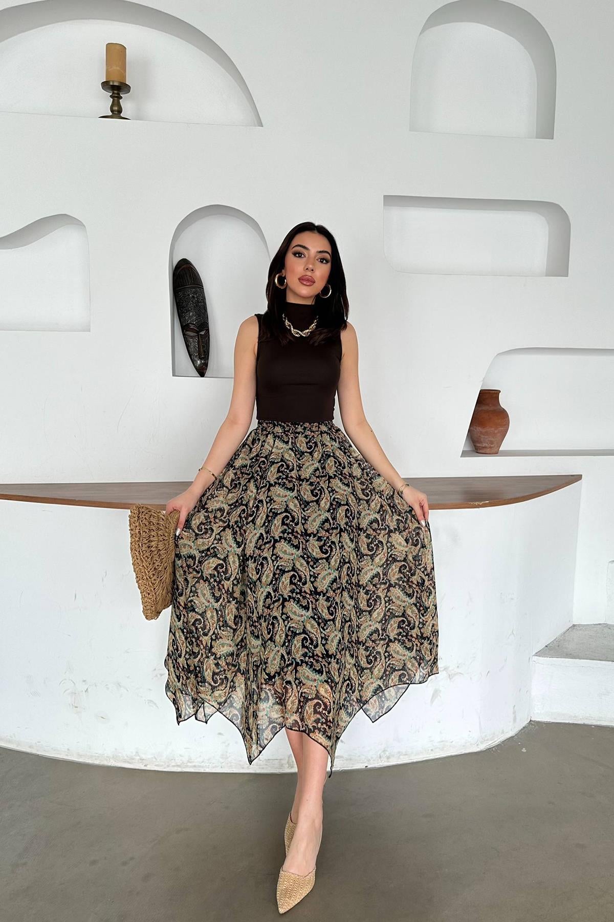 Siyah Boho Gündelik Zarif Şal Desenli Asimetrik Midi Etek Orta Bel