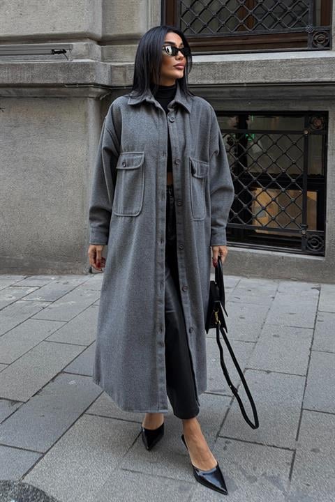 Gri Tek Düğmeli Oversized Kaban Kapaklı Ceplerle