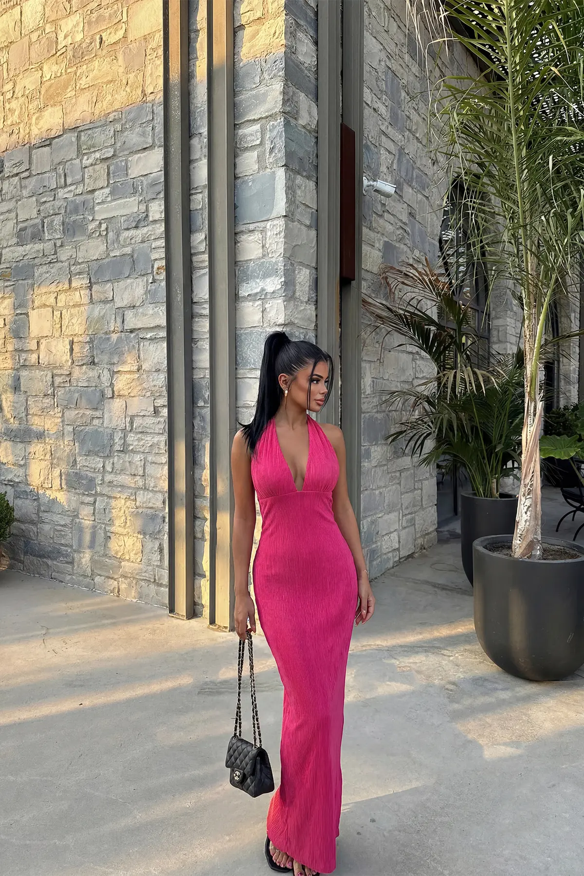 Fuşya Seksi Zarif Resmi Işıltılı Bodycon Maksi Elbise