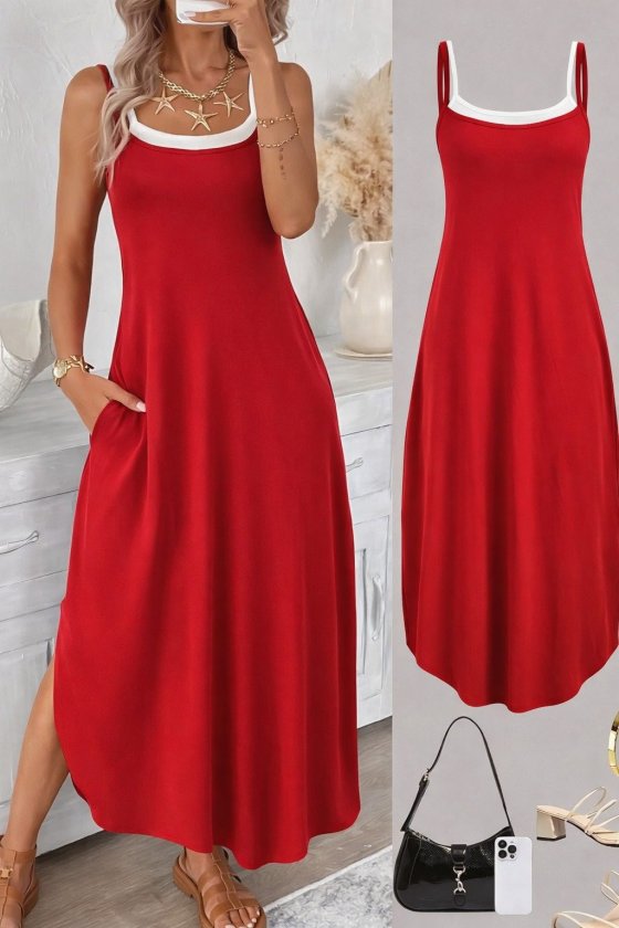 Kare Yakalı Kırmızı Şık Slip Elbise