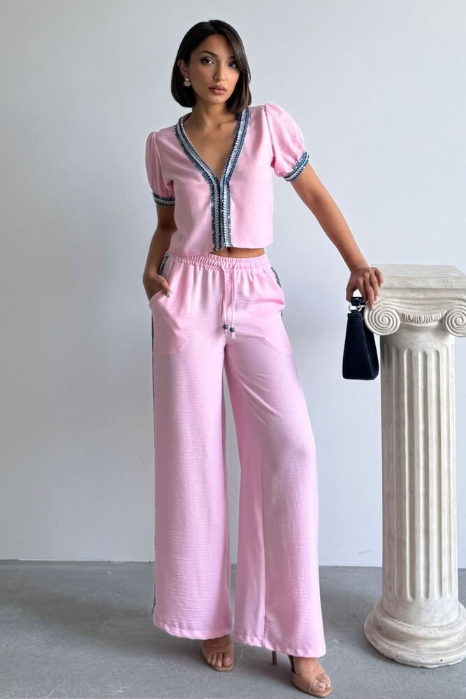 Kot Şeritli Pantolon - Pembe