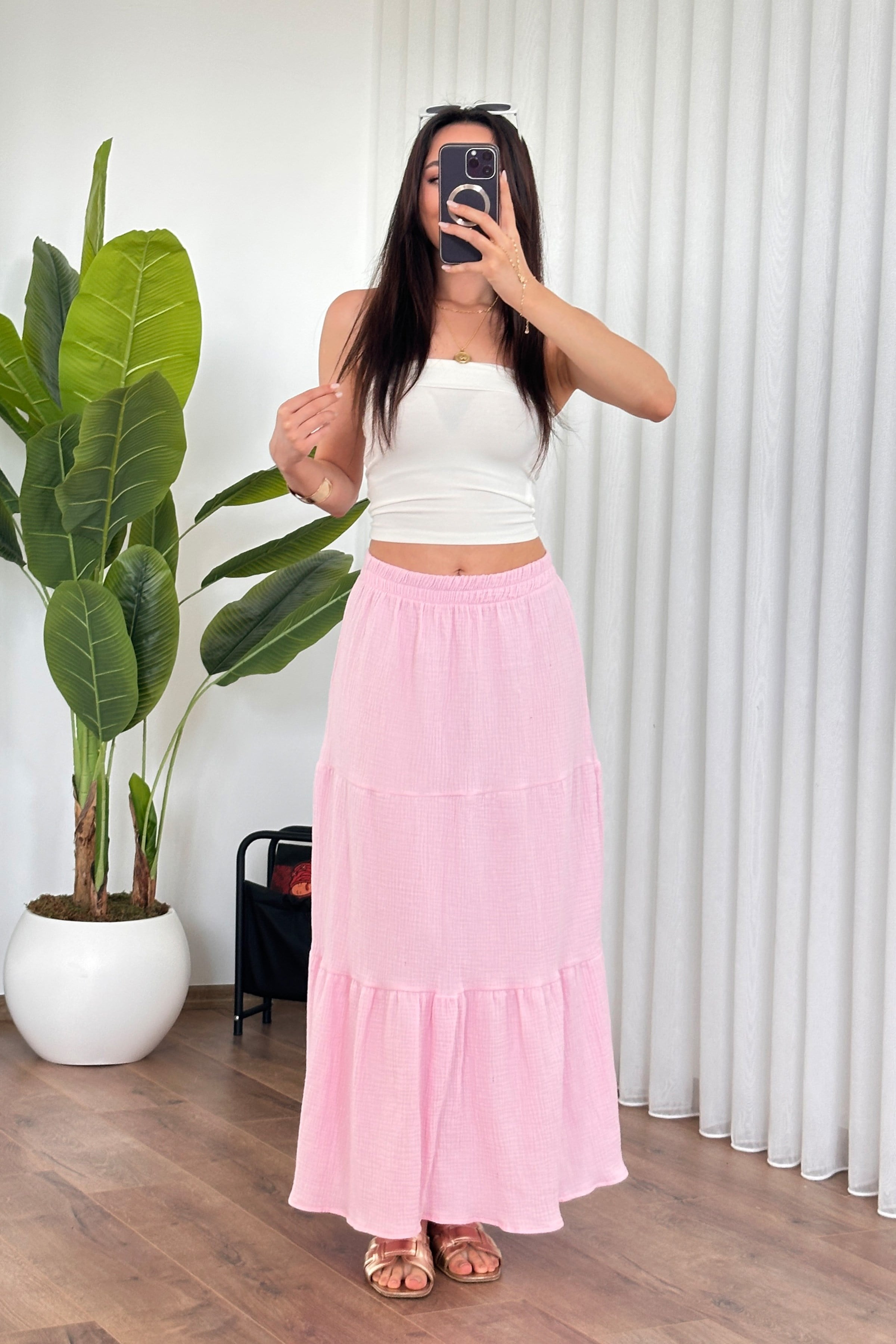 Pembe Katlı Maksı Etek - Günlük Boho Stil