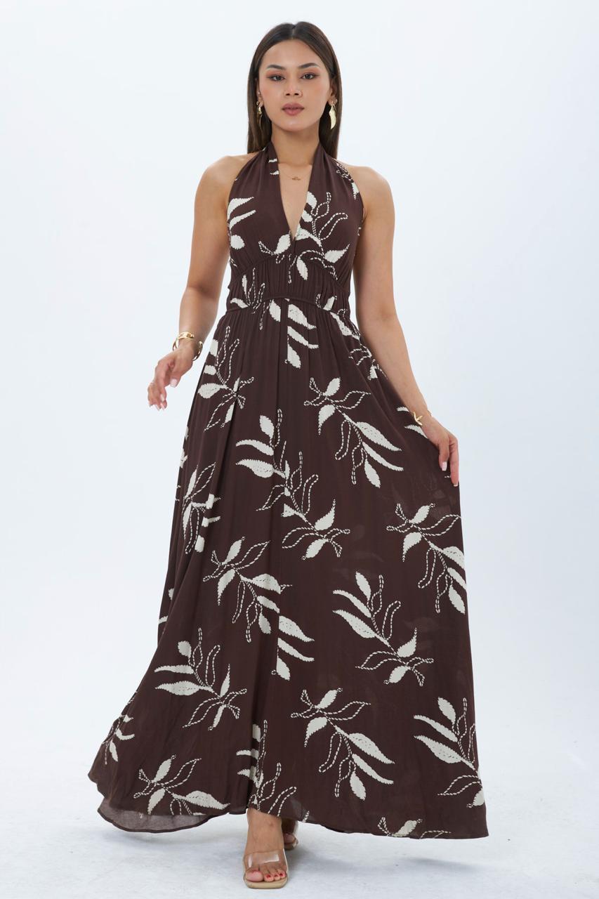 Kahverengi Çiçekli Fit & Flare Halter Yaka Elbise