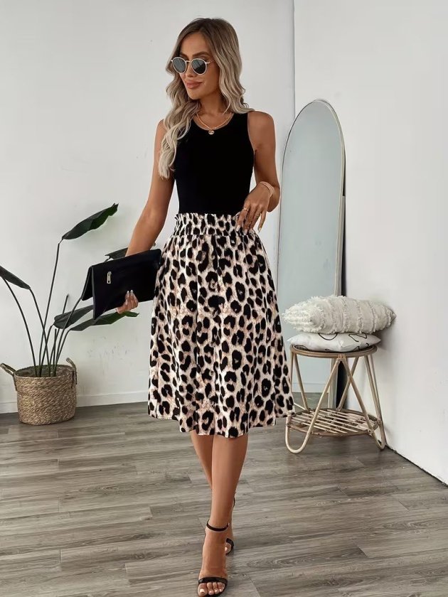 Siyah Fit & Flare Midi Elbise Leopar Baskılı
