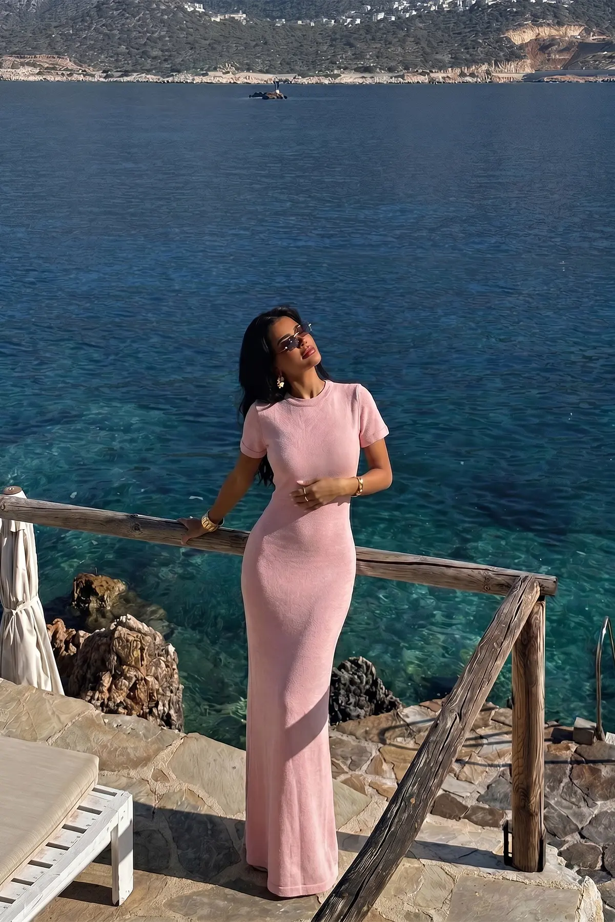 Pembe Seksi Zarif Bodycon Elbise Kısa Kollu