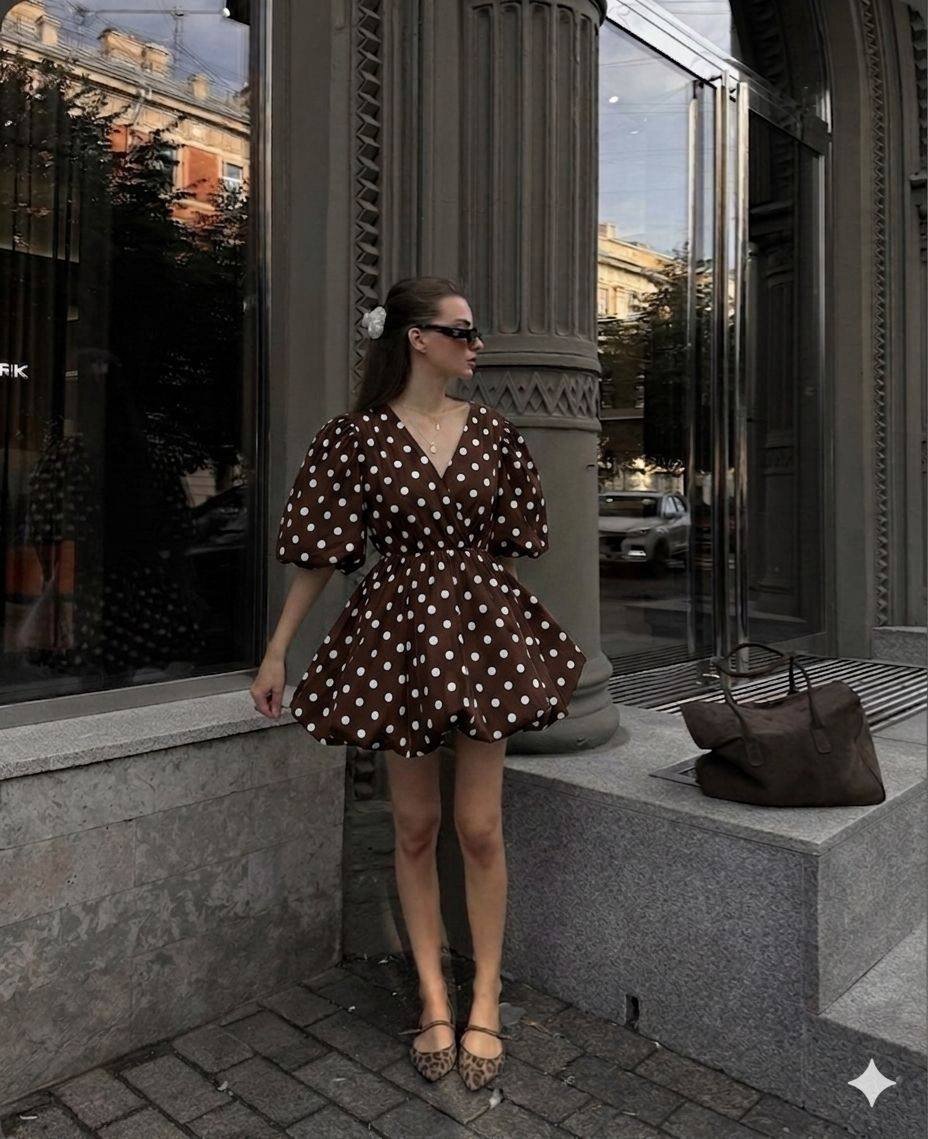 Kahverengi Puantiye Fit & Flare Elbise