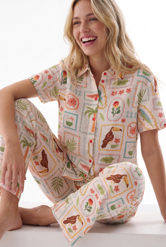 Sarı Seaside Önden Düğmeli Pijama Takım