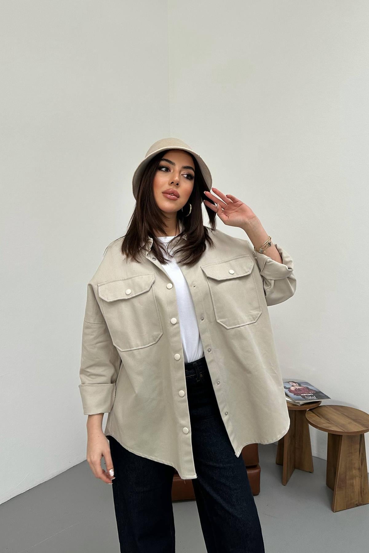 Casual Bej Gömlek Polo Yaka Ve 3/4 Kollu