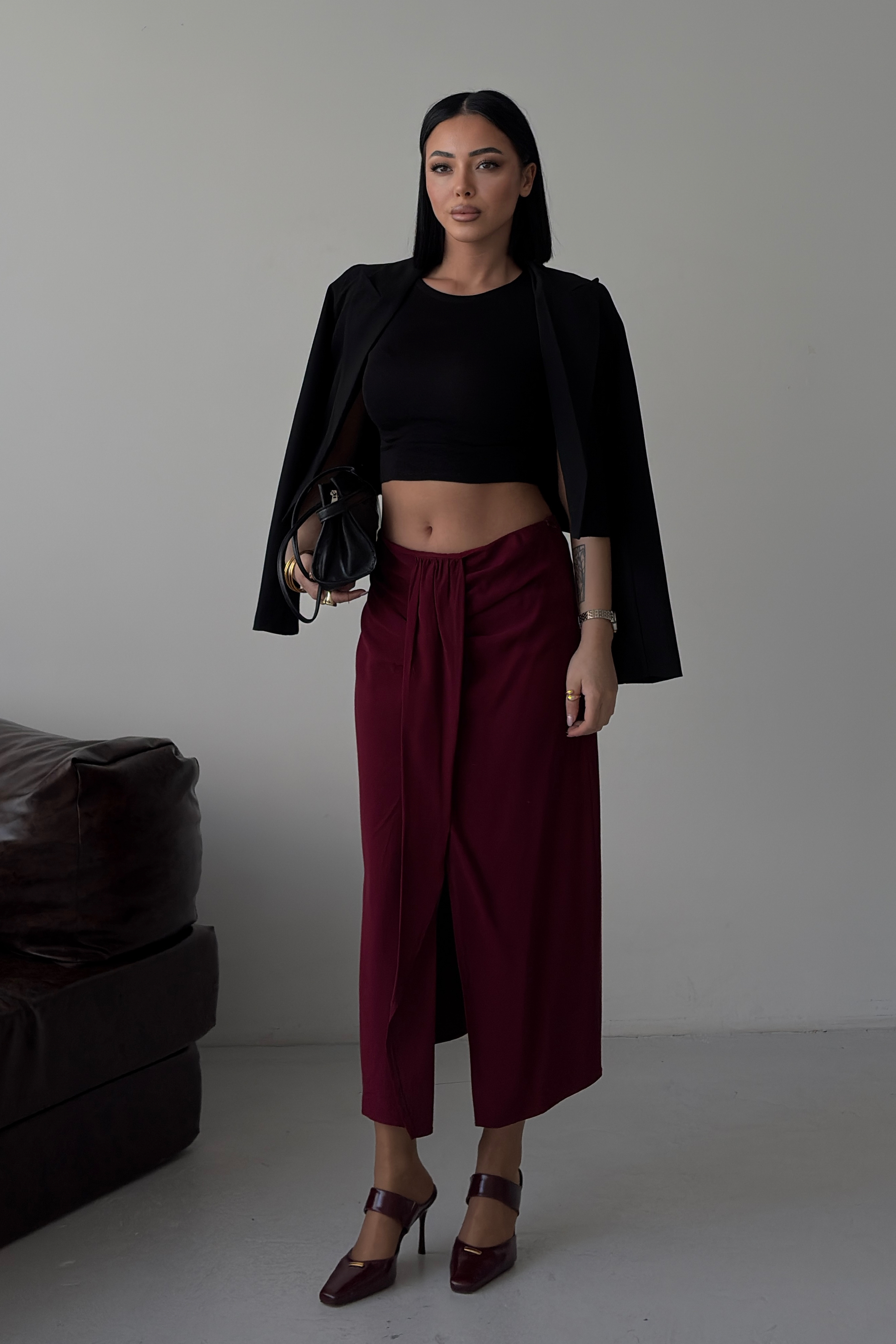 Bordo Yüksek Bel Wrap Midi Etek