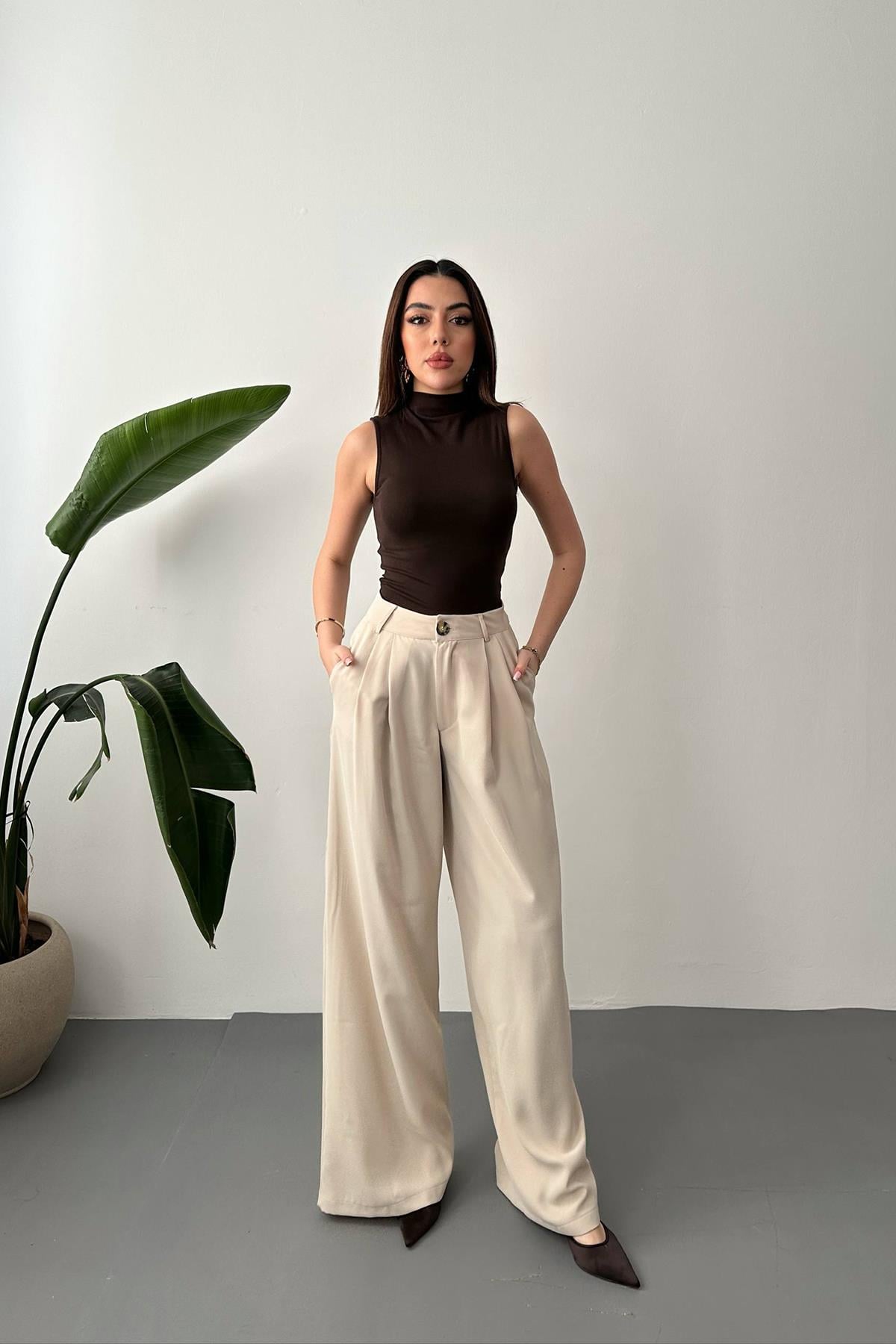 Pileli Comfort Pantolon - Bej