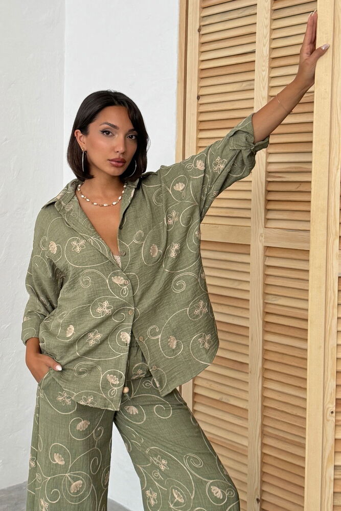 Yeşil Çiçekli Oversize Gömlek