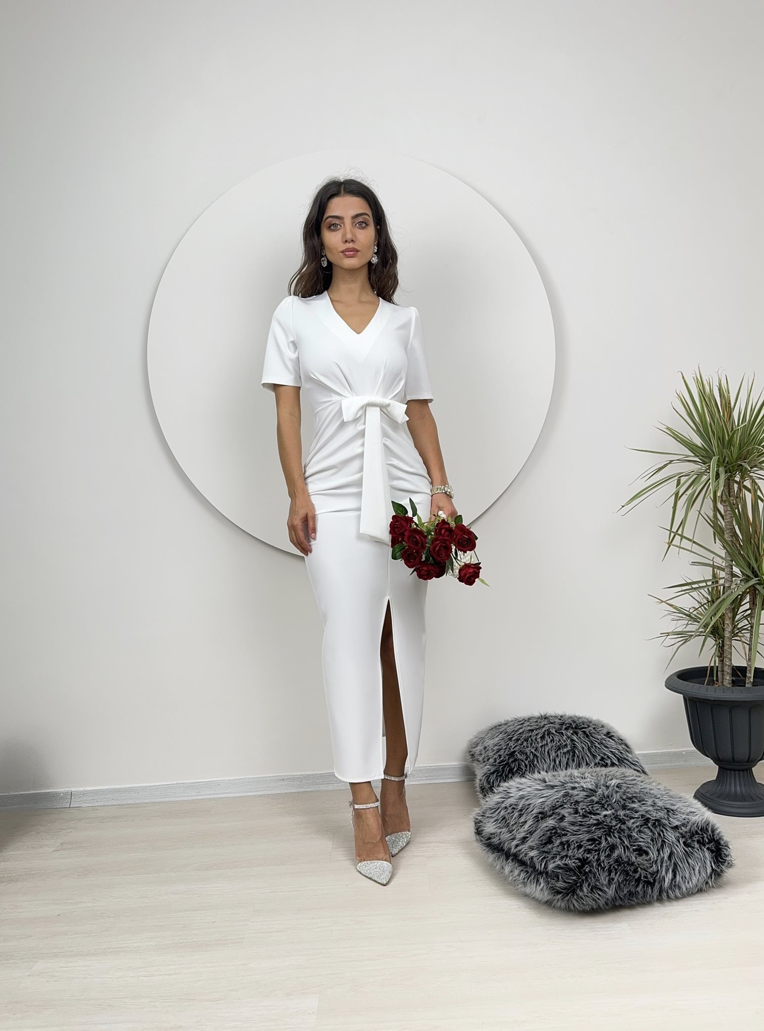 Beyaz Zarif Resmi Seksi Bodycon Elbise