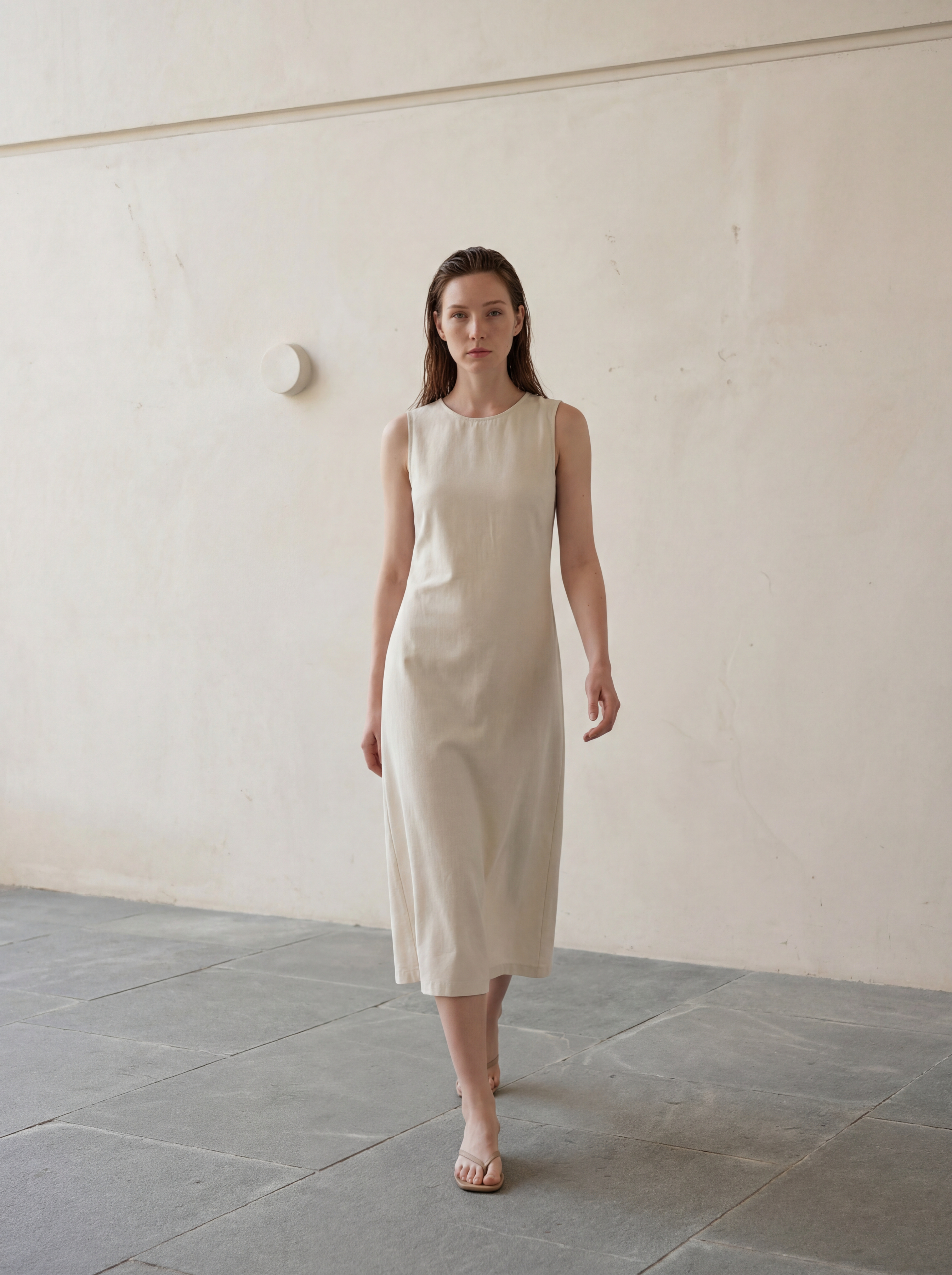 Zarif Bej Fit & Düz Elbise İle Japone Kol