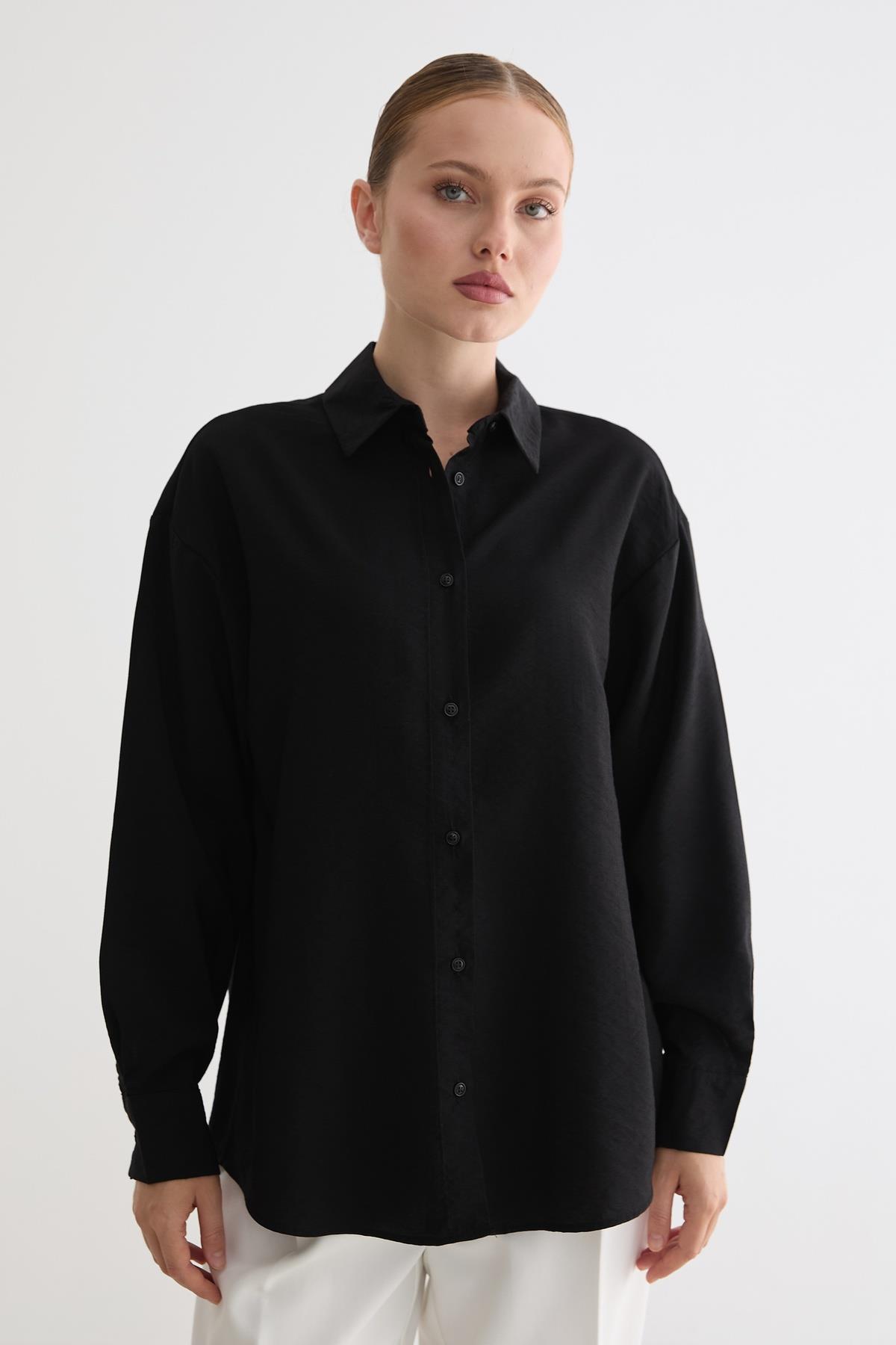 Siyah Oversized Fit Polo Yaka Gömlek