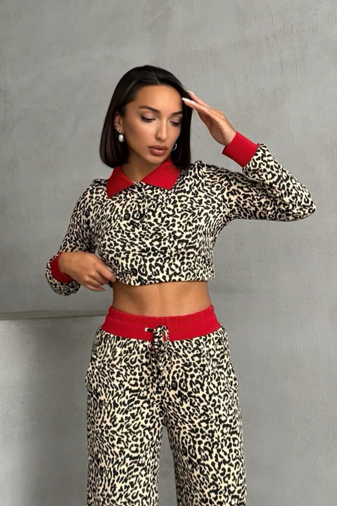 Leopar Desenli Polo Yaka Crop Top
