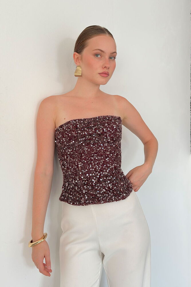 Bluz Bordo Işıltılı Payetli Straplez