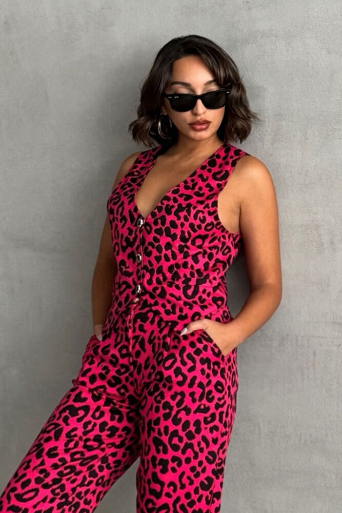 Fujya Siyah Leopar Desenli Toptan Yelek