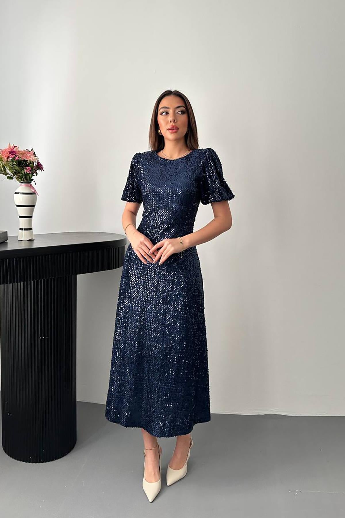 Lacivert Payetli Fit & Flare Elbise