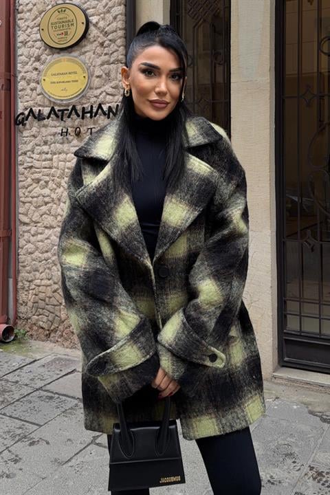Siyah Ekose Tek Düğmeli Oversize Kaban