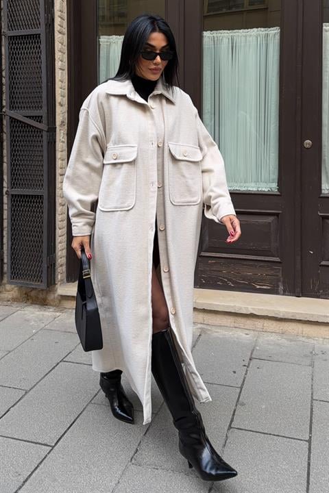 Bej Oversize Shacket Kaban Düğmeli Ve Klasik Yaka
