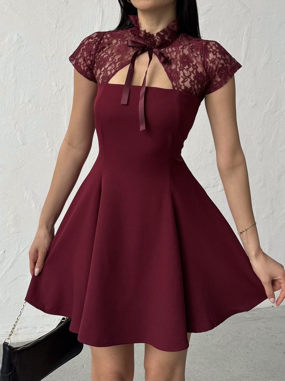 Bordo Fit & Flare Mini Elbise Kısa Düz Kollu