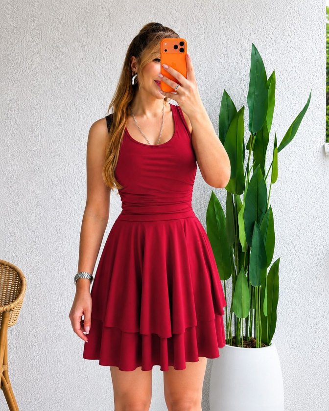 Bordo Fit & Flare Mini Elbise Japon Kol Detaylı