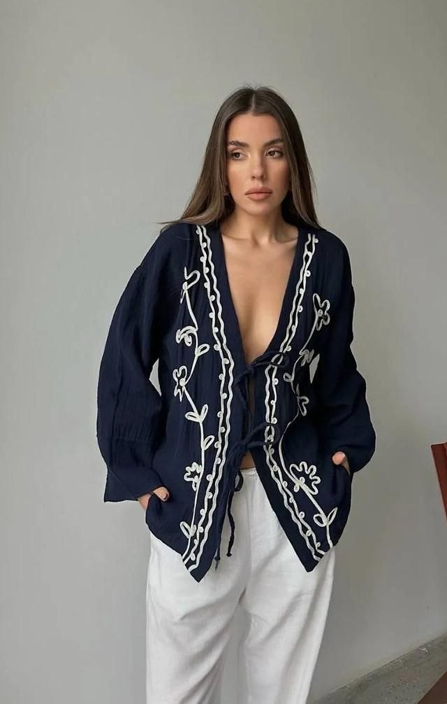 Lacivert Kimono Çiçek Desenli Ve Bol Kalıplı