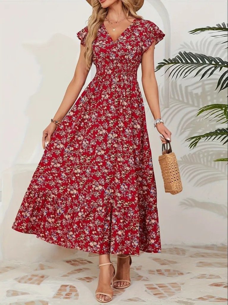 Kırmızı Boho Fit & Flare Maksi Elbise