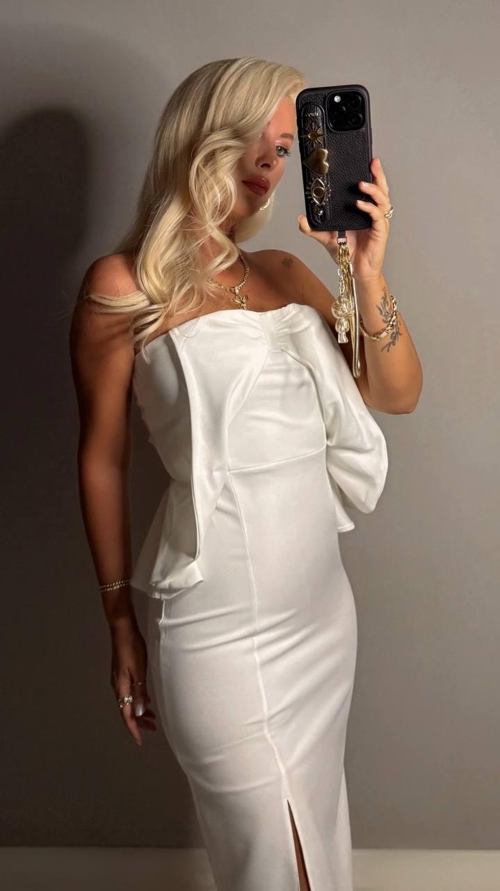 Beyaz Straplez Kolsuz Bodycon Midi Elbise