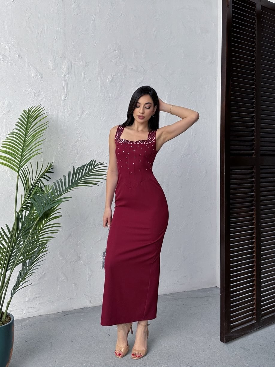Bordo Payetli Bodycon Elbise Kare Yaka