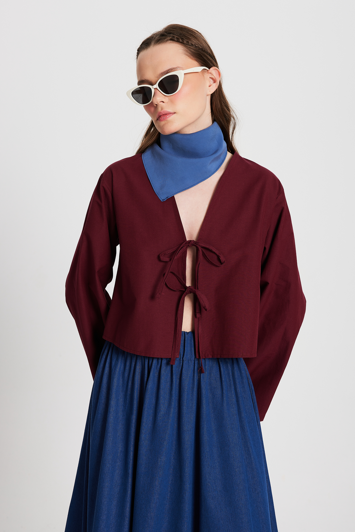 Bordo Poplin Önden Bağlamalı Bluz 29085
