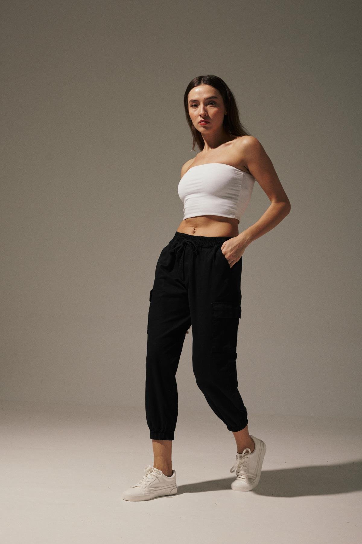 Gabardin Beli Lastik Kadın Pantalon - Siyah