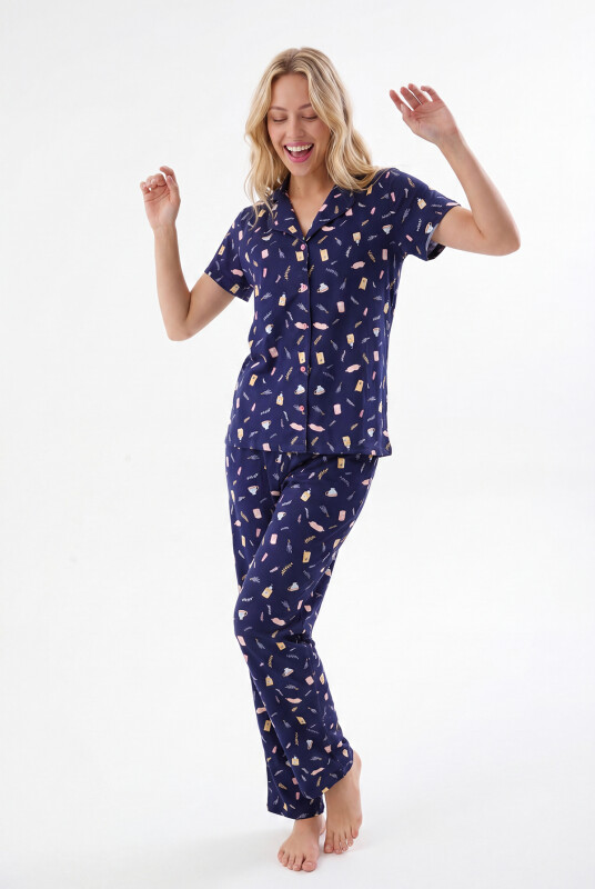Lacivert Sweet Dreams Önden Düğmeli Pijama Takımı
